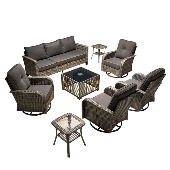 ODELIO 8-Piece Wicker Patio Furniture Set, PE Rattan Outdoor Conversation Set with Swivel Rocking Chairs & Solar LED Coffee Table, Patio Sectional Seating for Backyard, Black