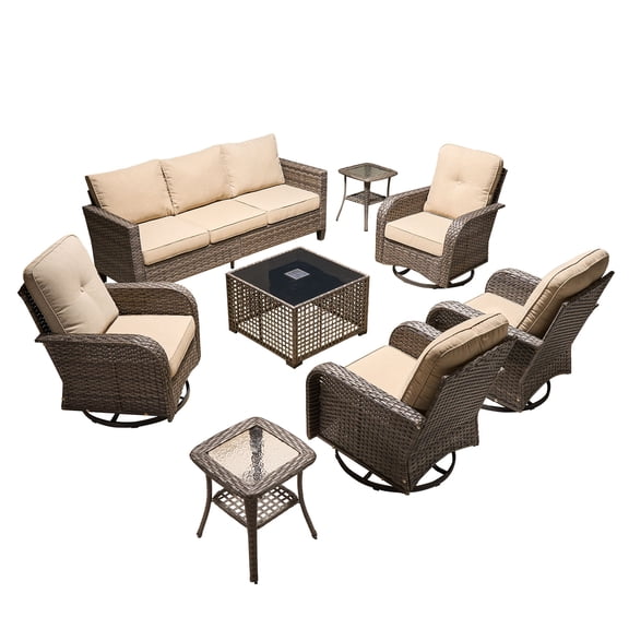 ODELIO 8-Piece Wicker Patio Furniture Set, PE Rattan Outdoor Conversation Set with Swivel Rocking Chairs & Solar LED Coffee Table, Patio Sectional Seating for Backyard, Beige