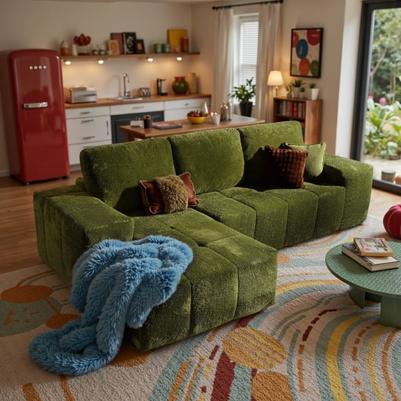ODELIO 114" Modular Sectional Sofa, L-Shaped Cloud Couch with Chaise, Oversized Boneless Deep Seat Corduroy Sofa for Living Room, No Assembly Required, Green
