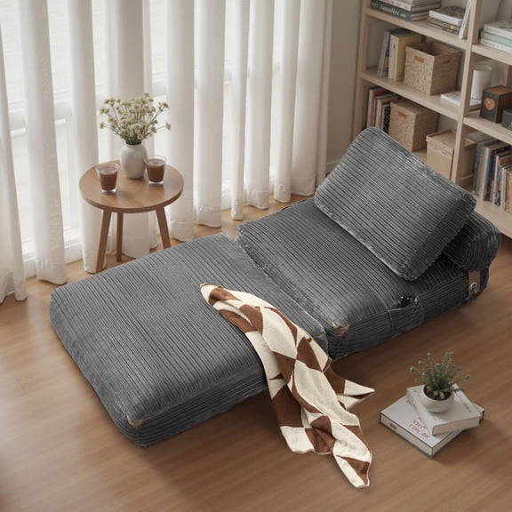 ODELIO Boneless Folding Sofa Bed Chair, Single Corduroy Convertible Sleeper Sofa with Pillow, 2-in-1 Foldable Floor Sofa with Back Support for Living Room & Bedroom, Gray