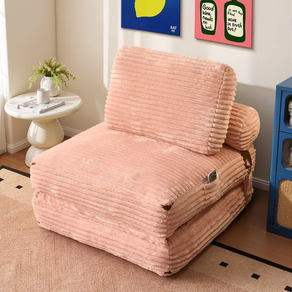 ODELIO Boneless Folding Sofa Bed Chair, Single Plush Corduroy Convertible Sleeper Sofa with Pillow, 2-in-1 Foldable Floor Sofa with Back Support for Living Room & Bedroom, Pink