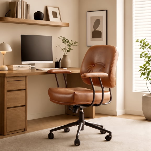 ODELIO Mid Back PU Leather Office Chair, Mid-Century Modern Executive Desk Chair with Armrests, Adjustable Height Reclining Swivel Rolling Task Chair for Home Office, Light Brown