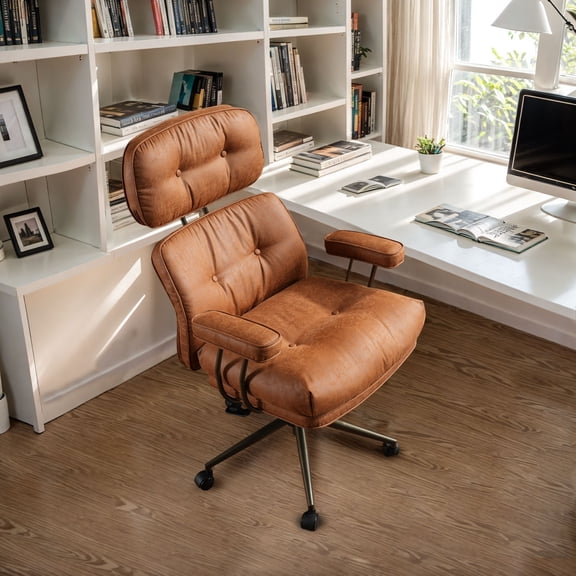 ODELIO Mid-Century Modern Executive Office Chair, Light Brown Faux Suede High Back Desk Chair with Headrest & Padded Armrests, Height Adjustable Reclining Swivel Chair for Home Office