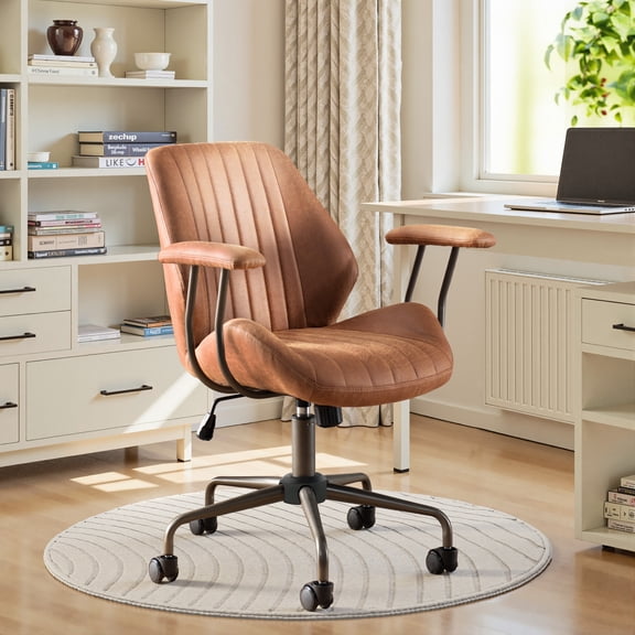 ODELIO Mid-Century Modern Executive Office Chair, Light Brown Faux Suede Mid-Back Computer Desk Chair, Height Adjustable Reclining Swivel Rolling Chair with Padded Armrests for Home Office