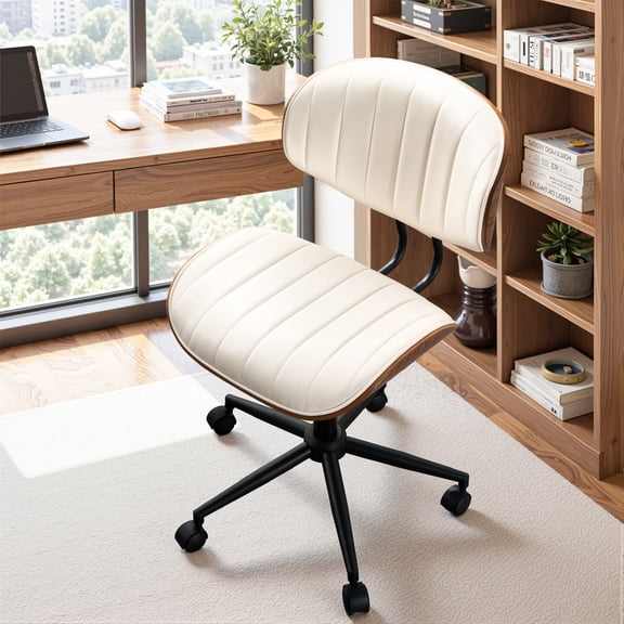 ODELIO Armless Mid Back Office Chair, PU Leather Desk Chair with Modern Wooden Back, Adjustable Height Reclining Swivel Rolling Task Chair for Home Office, White
