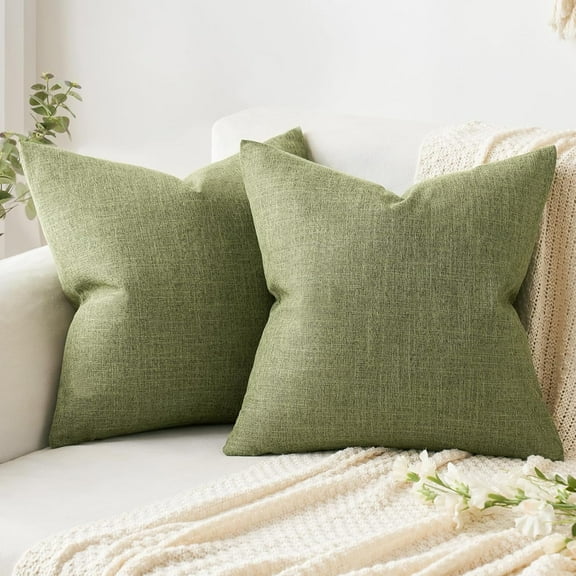 XIACOCO-Pack Of 2 Decorative Linen Burlap Pillow Cover Square Solid Spring Throw Cushion Case For Sofa Car Couch 18X18 Inch Light Olive Green