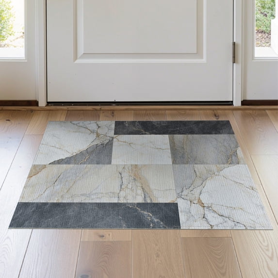 ODIKA 2'x3' Abstract Marble Veined Panels With Geometric Framed Border Design Washable Throw Rug None for Hallway, Study Room, Non-Slip Low Profile, Flatwoven