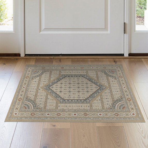 ODIKA 2'x3' Beige Blue Yellow Ida Stone Gold Design Washable Accent Rug Intricate Geometric Patterns with Elegance for Bedroom, Nursery, RV, Pet Friendly, Bedside Mat