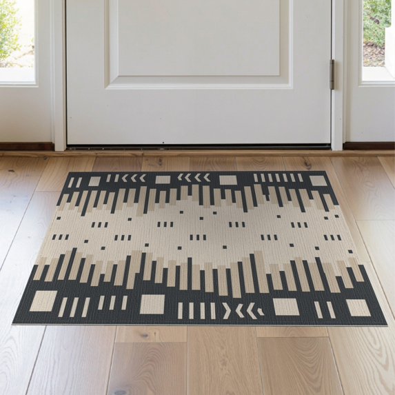 ODIKA 2'x3' Beige Charcoal Geometric Design Washable Throw Rug Modern Abstract Pattern with Motifs Non-Slip, Low Profile, Flatwoven, Easy Care for Hallway, Study Room
