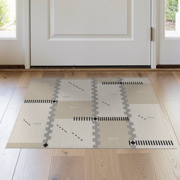ODIKA 2'x3' Beige Charcoal Geometric Grid Pattern Washable Doormat Contemporary Southwestern Style Cross Motif Block for Entryway, Kitchen, Laundry Room, Non-Slip, Low Pile
