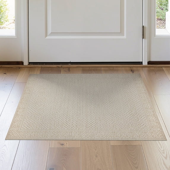 ODIKA 2'x3' Beige Cream Diamond Lattice Trellis Washable Doormat Interlocking Pattern with Symmetrical Repeating Motifs and Traditional for Entryway, Kitchen, Laundry Room, Non-Slip, Low Pile
