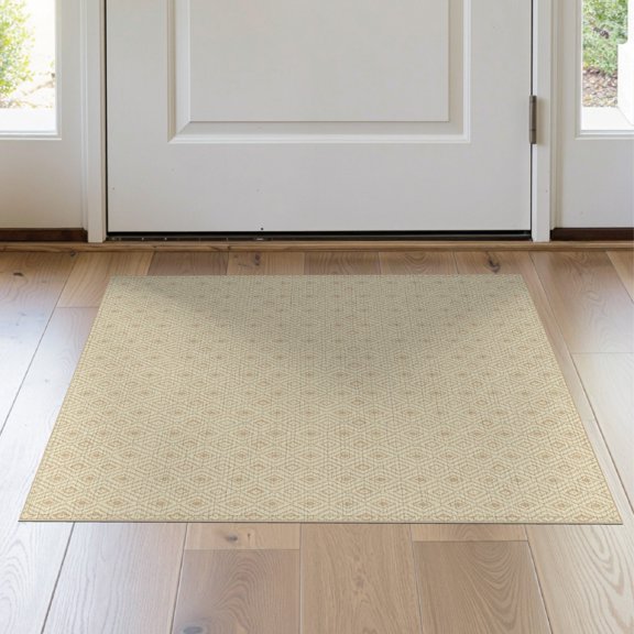 ODIKA 2'x3' Beige Decorative Cream Symmetrical Grid Network Sala Tan Neutral Washable Doormat None Non-Slip, Low Pile for Entryway, Kitchen, Laundry Room