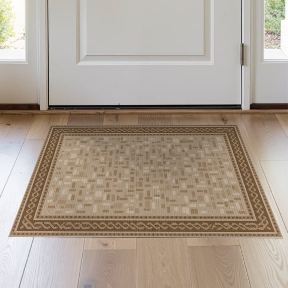 ODIKA 2'x3' Beige Geometric Mosaic Traditional Border Washable Doormat Intricate Rectangular Tile Motifs With Classic Diamond Chain Framework for Entryway, Kitchen, Laundry Room, Non-Slip, Low Pile