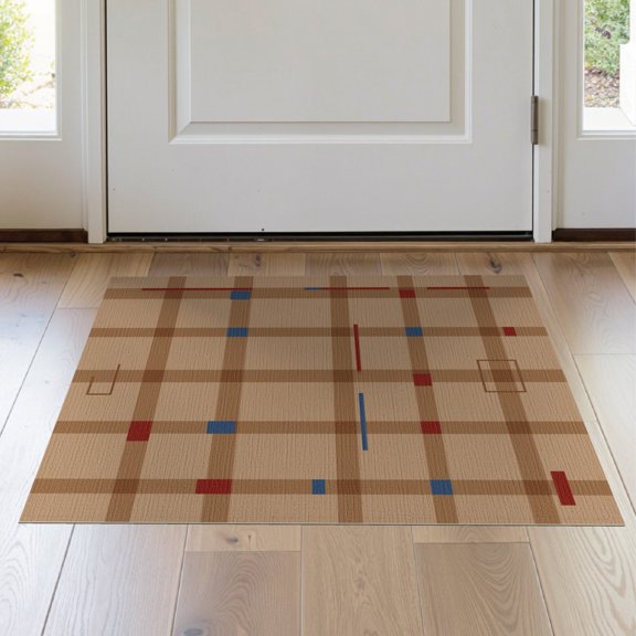 ODIKA 2'x3' Beige Multicolor Plaid Geometric Design Washable Throw Rug Contemporary Abstract Grid Layout With Bold Rectangular Non-Slip, Low Profile, Flatwoven, Easy Care for Hallway, Playroom