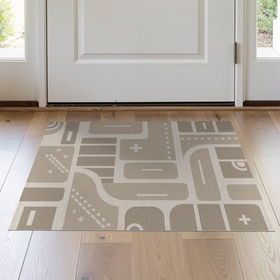ODIKA 2'x3' Beige Mushroom Natural Geometric Abstract Washable Accent Rug Contemporary Grid Pattern With Curved Lines Pet Friendly, Bedside Mat for Bedroom, Nursery, RV