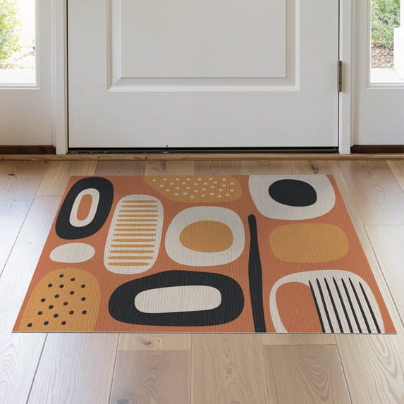 ODIKA 2'x3' Beige Orange Retro Abstract Pattern Washable Doormat Mid-Century Modern Geometric Design Non-Slip, Low Pile for Entryway, Kitchen, Laundry Room