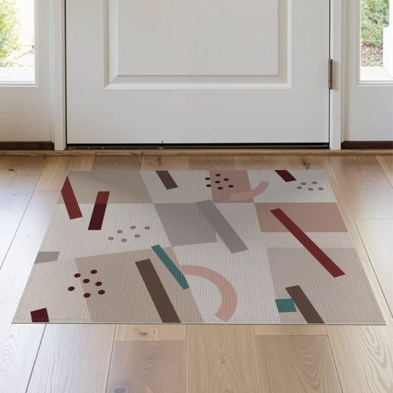 ODIKA 2'x3' Beige Quincy Geometric Natural Washable Throw Rug Modern Abstract Design With Dynamic Shapes And Lines for Hallway, Study Room, Non-Slip Low Profile, Flatwoven