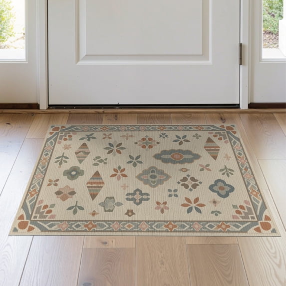 ODIKA 2'x3' Beige Sand Mist Geometric Floral Medallion Washable Doormat Traditional Ornamental Motifs with Decorative Non-Slip, Low Pile for Entryway, Kitchen, Laundry Room
