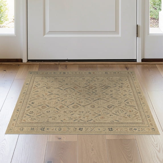 ODIKA 2'x3' Beige Sandstone Traditional Washable Throw Rug Classic Trellis Motifs With Botanical And Ornate Multi Non-Slip, Low Profile, Flatwoven, Easy Care for Hallway, Study Room