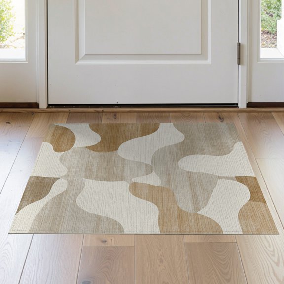 ODIKA 2'x3' Beige Tan Abstract Irregular Wavy Shape Unique Modern Washable Accent Rug for Bedroom, Nursery, RV, Pet Friendly, Kids Safe, Bedside Mat