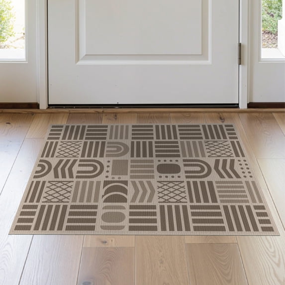 ODIKA 2'x3' Beige Taupe Geometric Pattern Design Washable Throw Rug Modern Abstract Blocks with Motifs for Hallway, Study Room, Non-Slip Low Profile, Flatwoven