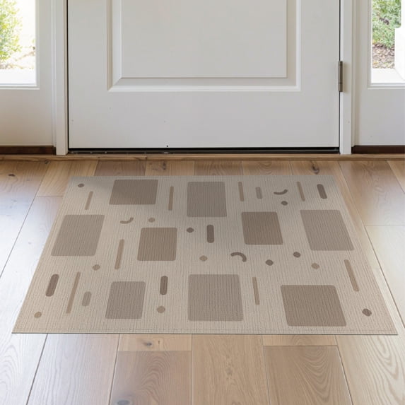 ODIKA 2'x3' Beige Taupe Modern Geometric Abstract Washable Throw Rug Contemporary Minimalist Scattered Rectangles Dots for Hallway, Study Room, Non-Slip Low Profile, Flatwoven