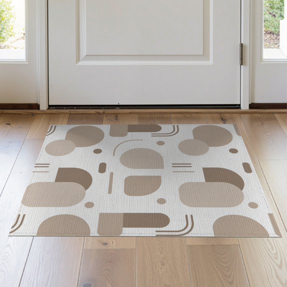 ODIKA 2'x3' Beige Warm Taupe Modern Geometric Abstract Washable Doormat Contemporary Minimalist Scandinavian Style Circles Rectangles Lines Non-Slip, Low Pile for Entryway, Kitchen, Laundry Room