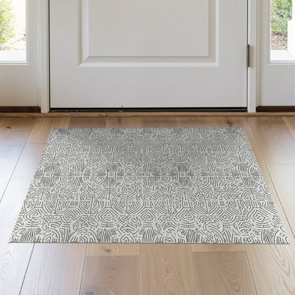 ODIKA 2'x3' Black White Intricate Maze Pattern Washable Throw Rug Contemporary Labyrinth Motif with Complex for Hallway, Study Room, Non-Slip Low Profile, Flatwoven