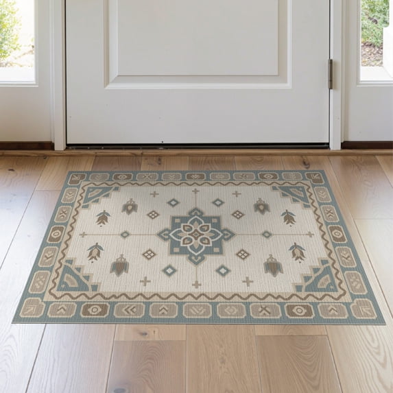 ODIKA 2'x3' Blue Beige Geometric Floral Design Washable Accent Rug Intricate Spa Motif with Borders Pet Friendly, Bedside Mat for Bedroom, Nursery, RV
