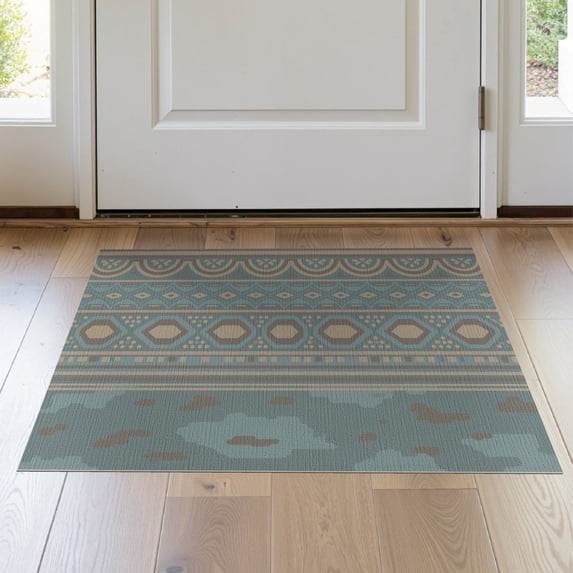 ODIKA 2'x3' Blue Beige Geometric Ocean Smoke Washable Accent Rug Intricate Pattern with Modern Flair for Bedroom, Nursery, RV, Pet Friendly, Bedside Mat