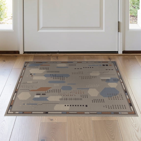 ODIKA 2'x3' Blue Beige Geometric Urban Design Washable Throw Rug Contemporary Abstract Pattern with Terracotta for Hallway, Study Room, Non-Slip Low Profile, Flatwoven