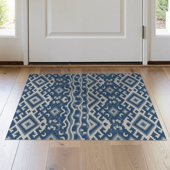 ODIKA 2'x3' Blue Geometric Diamond Cross Kilim Washable Throw Rug Traditional Southwest Aztec Motif for Hallway, Study Room, Non-Slip Low Profile, Flatwoven