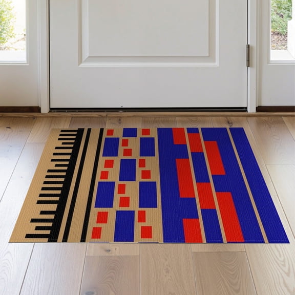 ODIKA 2'x3' Blue Geometric Estate Design Washable Doormat Contemporary Architectural Motif With Alternating Rectangular Blocks Non-Slip, Low Pile for Entryway, Kitchen, Laundry Room