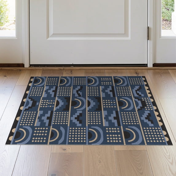 ODIKA 2'x3' Blue Navy Geometric Southwestern Block Washable Throw Rug Vintage Motif Design With Rainbow Arches for Hallway, Study Room, Non-Slip Low Profile, Flatwoven