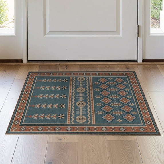 ODIKA 2'x3' Blue Ocean Floral Geometric Design Washable Throw Rug Intricate Motif with Elegant Borders for Hallway, Study Room, Non-Slip Low Profile, Flatwoven