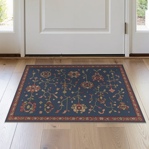 ODIKA 2'x3' Blue Red Floral Pattern Washable Doormat Intricate Geometric Motifs with Borders Non-Slip, Low Pile for Entryway, Kitchen, Laundry Room