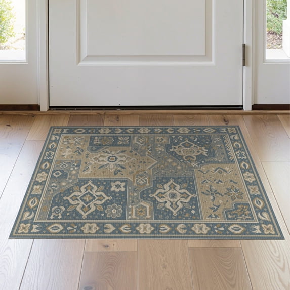 ODIKA 2'x3' Blue Sand Lagoon Geometric Patchwork Washable Accent Rug Traditional Ornate Floral Motifs With Intricate for Bedroom, Nursery, RV, Pet Friendly, Bedside Mat