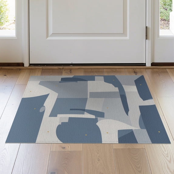 ODIKA 2'x3' Blue White Abstract Geometric Design Washable Accent Rug Modern Artistic Pattern with Unique Shapes Pet Friendly, Bedside Mat for Bedroom, Nursery, RV
