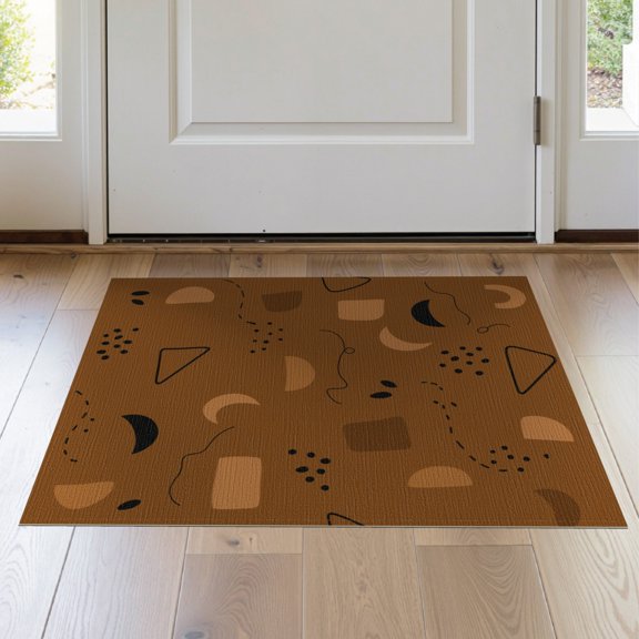 ODIKA 2'x3' Brown Abstract Geometric Wave Welcome Washable Doormat Contemporary Memphis Style With Scattered Dots Triangles for Entryway, Kitchen, Laundry Room, Non-Slip, Low Pile