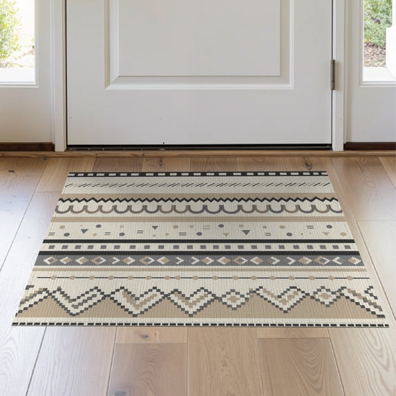 ODIKA 2'x3' Brown Geometric Pattern Design Washable Accent Rug Modern Stripes with Abstract Shapes Pet Friendly, Bedside Mat for Bedroom, Nursery, RV