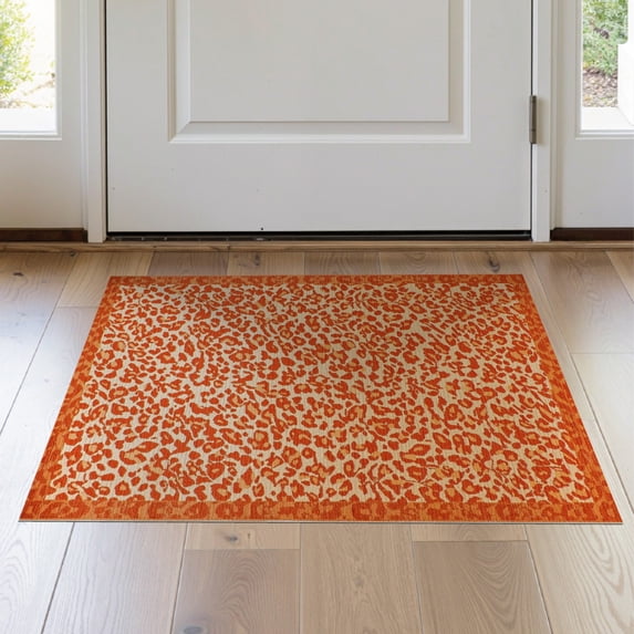 ODIKA 2'x3' Burnt Orange Cheetah Spotted Print Washable Doormat Wild Jungle Blossom Motif Scattered Petals Animal Layout for Entryway, Kitchen, Laundry Room, Non-Slip, Low Pile