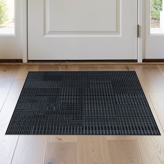ODIKA 2'x3' Dark Gray Geometric Charcoal Washable Doormat Intricate Modern Grid With Artistic Non-Slip, Low Pile for Entryway, Kitchen, Laundry Room