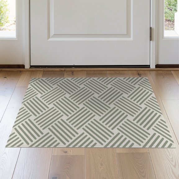 ODIKA 2'x3' Desert Sage Geometric Basketweave Washable Throw Rug Contemporary Interlocking Stripes Modern Non-Slip, Low Profile, Flatwoven, Easy Care for Hallway, Study Room