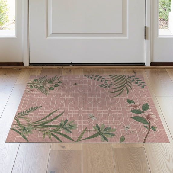 ODIKA 2'x3' Dusty Pink Botanical Trellis With Palm Washable Throw Rug Geometric Lattice Design Featuring Tropical Foliage Blooms Ferns for Hallway, Study Room, Non-Slip Low Profile, Flatwoven