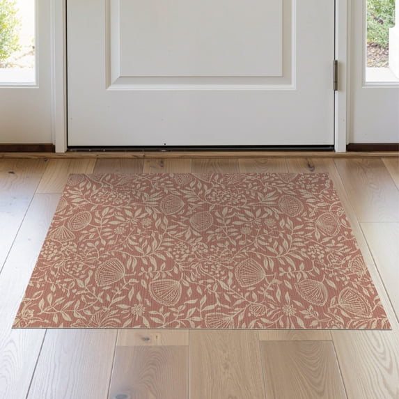 ODIKA 2'x3' Dusty Rose Botanical Mallow Floral Washable Doormat Intricate Hand Drawn Motifs With Delicate Foliage Vines Traditional Non-Slip, Low Pile for Entryway, Kitchen, Laundry Room