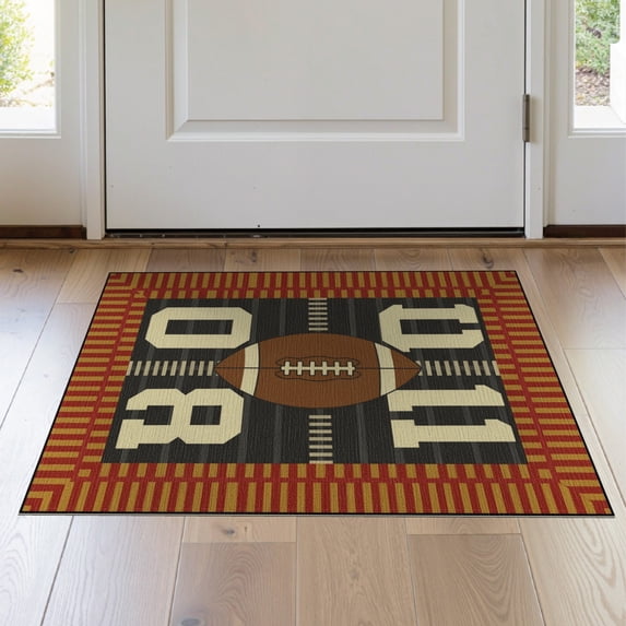 ODIKA 2'x3' Football Men Athletic Jersey Number Pigskin Motif Shaped Footboard Washable Accent Rug None Pet Friendly, Bedside Mat for Bedroom, Nursery, RV
