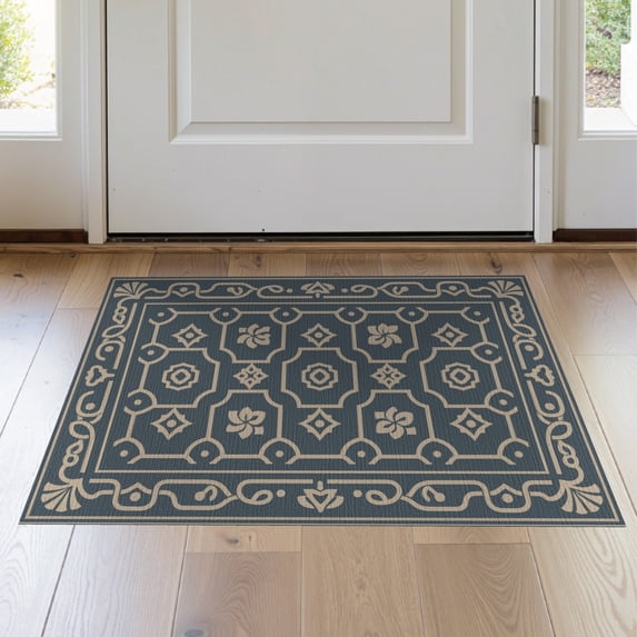 ODIKA 2'x3' Gray Beige Charcoal Stone Design Washable Throw Rug Intricate Geometric Motif with Floral Accents Non-Slip, Low Profile, Flatwoven, Easy Care for Hallway, Study Room