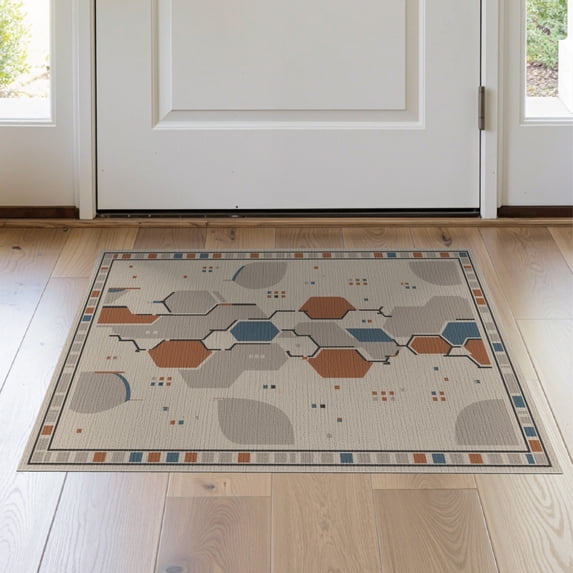 ODIKA 2'x3' Gray Beige Modern Geometric Hexagon Washable Doormat Contemporary Abstract Polygonal Pattern Non-Slip, Low Pile for Entryway, Kitchen, Laundry Room