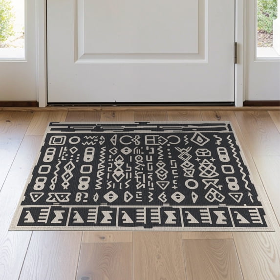 ODIKA 2'x3' Gray Cream Geometric Design Washable Throw Rug Modern Abstract Motif with Charcoal Accents Non-Slip, Low Profile, Flatwoven, Easy Care for Hallway, Study Room