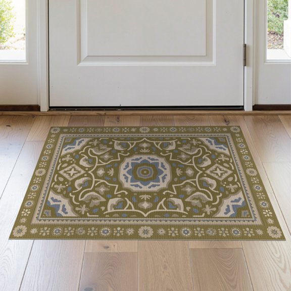 ODIKA 2'x3' Green Blue Avocado Floral Medallion Washable Throw Rug Intricate Pattern with Classic Elegance Non-Slip, Low Profile, Flatwoven, Easy Care for Hallway, Study Room